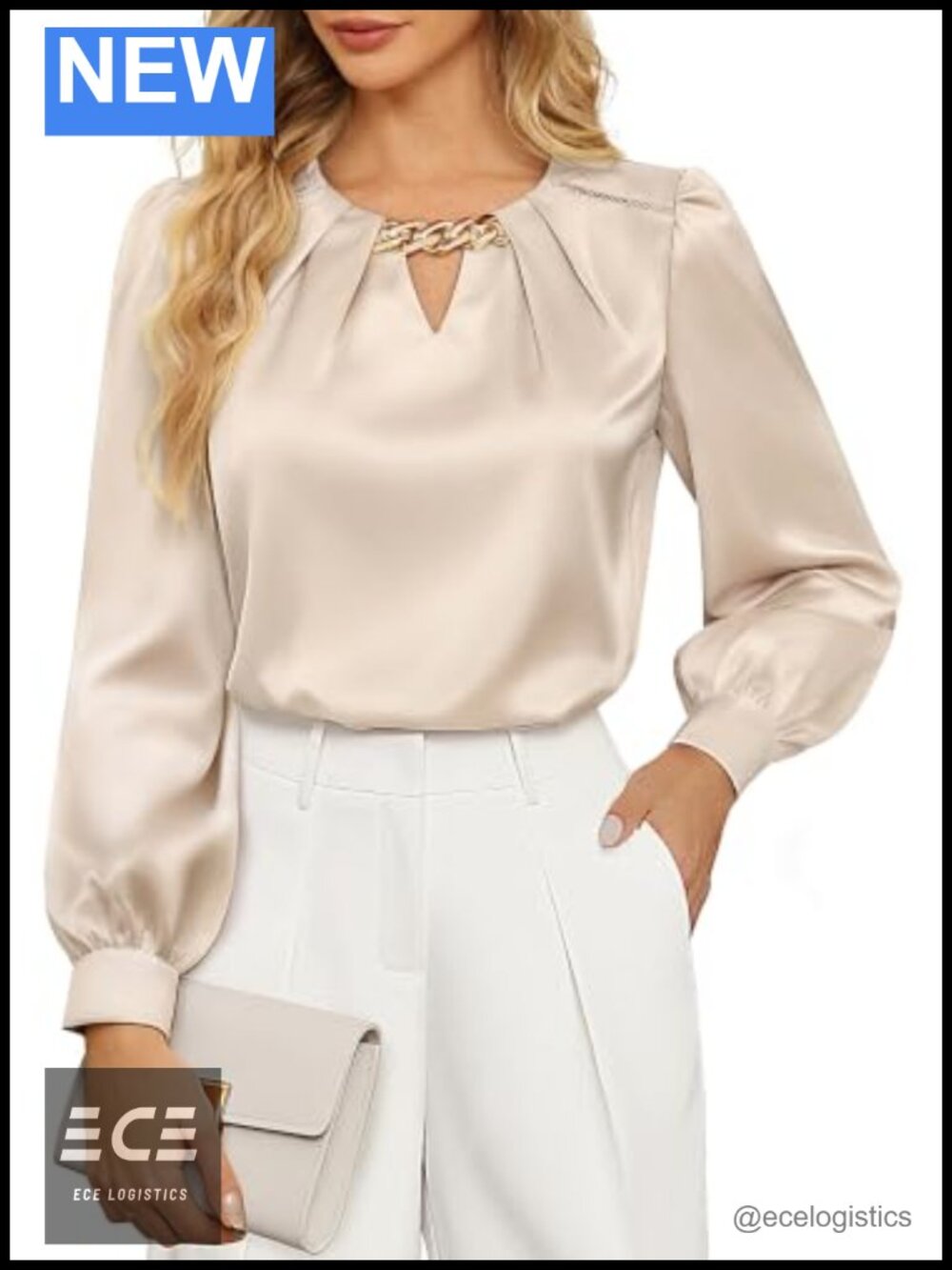 Silk Satin Blouse Long Sleeve Keyhole Chain Business Casual Work Top